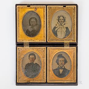 Four Early Tinted Photos in a Gutta-Percha Case