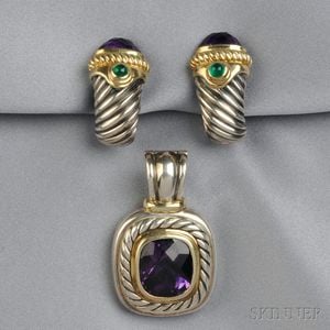 Sterling Silver, 14kt Gold, and Amethyst Pendant and Earrings, David Yurman