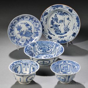 Five Blue and White Tableware Items