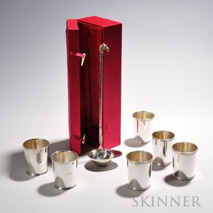 Six Sterling Silver Mint Julep Cups and a Ladle, two pairs of matching cups and two different maker cups; together with an equestrian-t