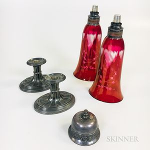 Pair of Ruby Glass and Silver-plate Candlesticks and a Bell