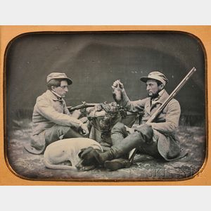 Half Plate Daguerreotype Portrait of Two Hunters with Game and Sleeping Dog