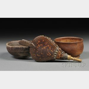 Miniature Paint-decorated Wood and Leather Bellows, and Two Small Turned Bowls