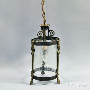 Cast Brass and Etched Glass Hanging Lamp