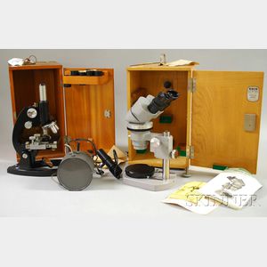 Two Cased Microscopes and an Auxiliary Light