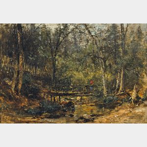 Samuel Lancaster Gerry (American, 1813-1891) Rustic Bridge Over a Woodland Stream