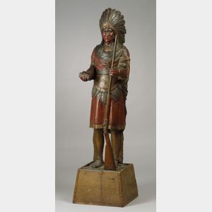 Polychrome Painted Carved Wooden Indian Tobacconist&#39;s Figure