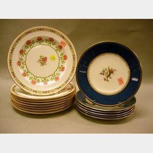 Set of Eight Wedgwood Polychrome Enamel Floral Decorated Porcelain Dinner Plates and a Set of Six Wedgwood Lapis Band and Enamel Floral