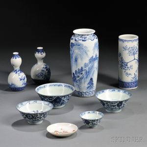 Nine Blue and White Ceramics Items