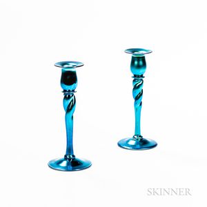 Pair of Steuben Blue Aurene Glass Candlesticks