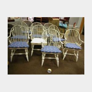 Set of Nine White Painted Windsor Continuous-arm Chairs.