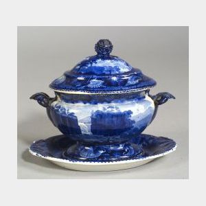 Historical Blue Transfer Decorated Staffordshire Covered Tureen and an Undertray