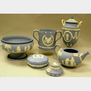 Wedgwood Light Blue Solid Jasper Teapot, Two-Handled Vase, Footed Fruit Bowl, Commemorative Mug, Covered Box, and Paperweight.