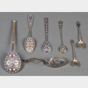 Seven Russian and Russian-style Silver and Polychrome Enamel Spoons