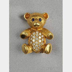 18kt Gold, Diamond, and Sapphire Teddy Bear Brooch