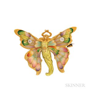 Whiteside & Blank Art Nouveau 18kt Gold, Plique-a-jour Enamel, Enamel, and Diamond Brooch