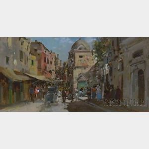 Framed Oil on Canvas Street Scene by Ezelino Briante (Italian, 1901-1970)