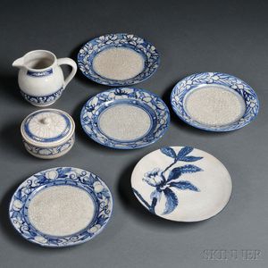 Five Dedham Pottery Plates, a Pitcher, and a Covered Bowl