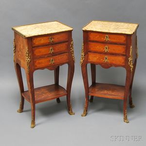 Pair of Louis XV-style Marquetry Marble-top Side Tables