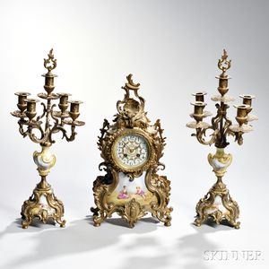Three-piece Louis XV-style Cast Gilt-metal and Ceramic Garniture