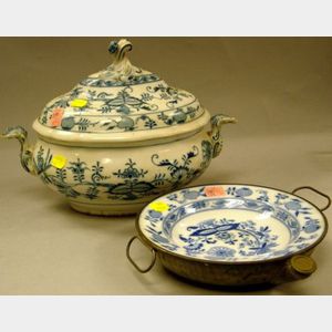 Blue Onion Pattern Porcelain Covered Tureen and Tin Mounted Warming Bowl.