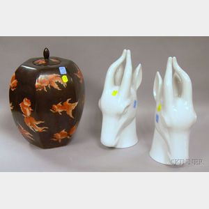 Chinese Export Porcelain Gold Fish Decorated Urn and a Pair of Modern Porcelain Stag Busts.