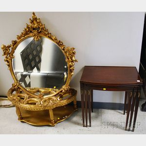Rococo-style Gilt-gesso and Wood Mirror with Cherubs, Low Demilune Pier Table, and a Nest of Three Mahogany Stands