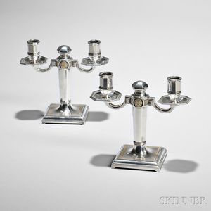 Pair of French Art Deco .950 Silver Two-light Candelabra