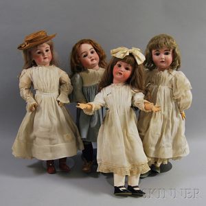 Four German Bisque Head Girl Dolls