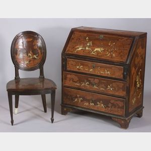 Italian Ivory and Fruitwood Marquetry Inlaid Fruitwood Slant Lid Desk and Side Chair