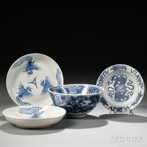 Four Blue and White Tableware Items