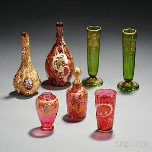 Seven Pieces of Moser-type Gilded and Enameled Glass