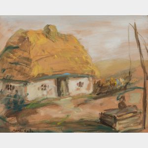 Mané-Katz (French/Ukrainian, 1894-1962) Homestead with Thatched Cottage and Well