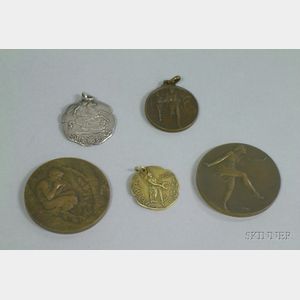 Two French Bronze Relief Medallions and Three Other Bronze and Silver Medals