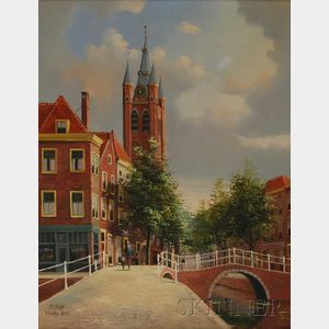 George Jan Dispo (Dutch, 1922-1973) Delft Street View by a Canal