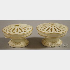 Pair of Worcester Gothic Revival Gilt Reticulated Porcelain Footed Pastille Burners, and a Fourteen-piece Miles Mason Gilt-po...