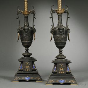 Pair of Greek Revival Bronze and Slate Vases