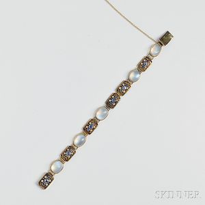 Arts & Crafts 14kt Gold, Moonstone, Sapphire, and Split Pearl Bracelet