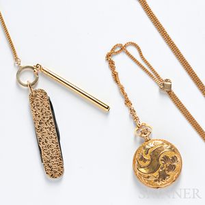 14kt Gold Hunting Case Pocket Watch, Chain, and Knife