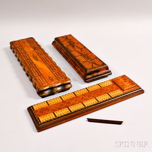 Three Geometric Inlaid Cribbage Boards with Compartments
