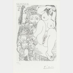 Pablo Picasso (Spanish, 1881-1973) Jeune courtisane avec un gentilhomme, un sculpteur et un vieillard alléché