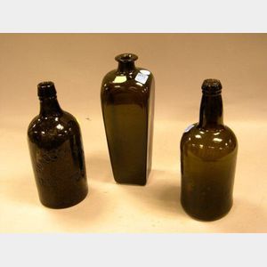 Olive Blown Molded Glass Gin Bottle and Two Olive Blown Molded Glass Bottles