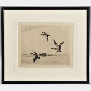 Frank Weston Benson (American, 1862-1951) Three Ducks in Flight. Signed FrankWBenson. in pencil l.l., partial label fr...