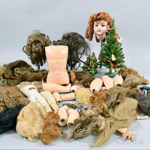Group of Miscellaneous Doll Parts, Wigs, and Stands. 