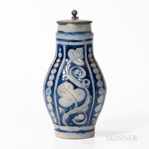 Cobalt-decorated and Pewter-mounted Stoneware Flagon