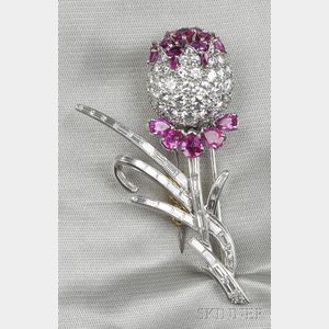 14kt White Gold, Ruby, and Diamond Brooch