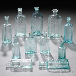Eleven Aqua Blown-molded Glass Medicine/Druggist Bottles