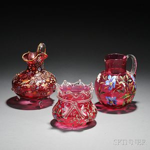 Three Enameled Cranberry Glass Vessels