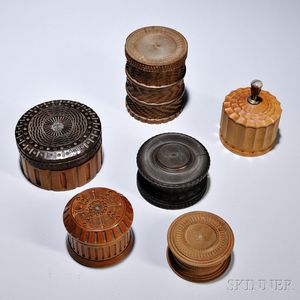 Six Ornamentally Turned Items, 20th century, including five boxes with friction-fit lids, one with a stone and brass handle, and a soli