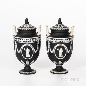 Pair of Wedgwood Solid Black Jasper Vases and Covers